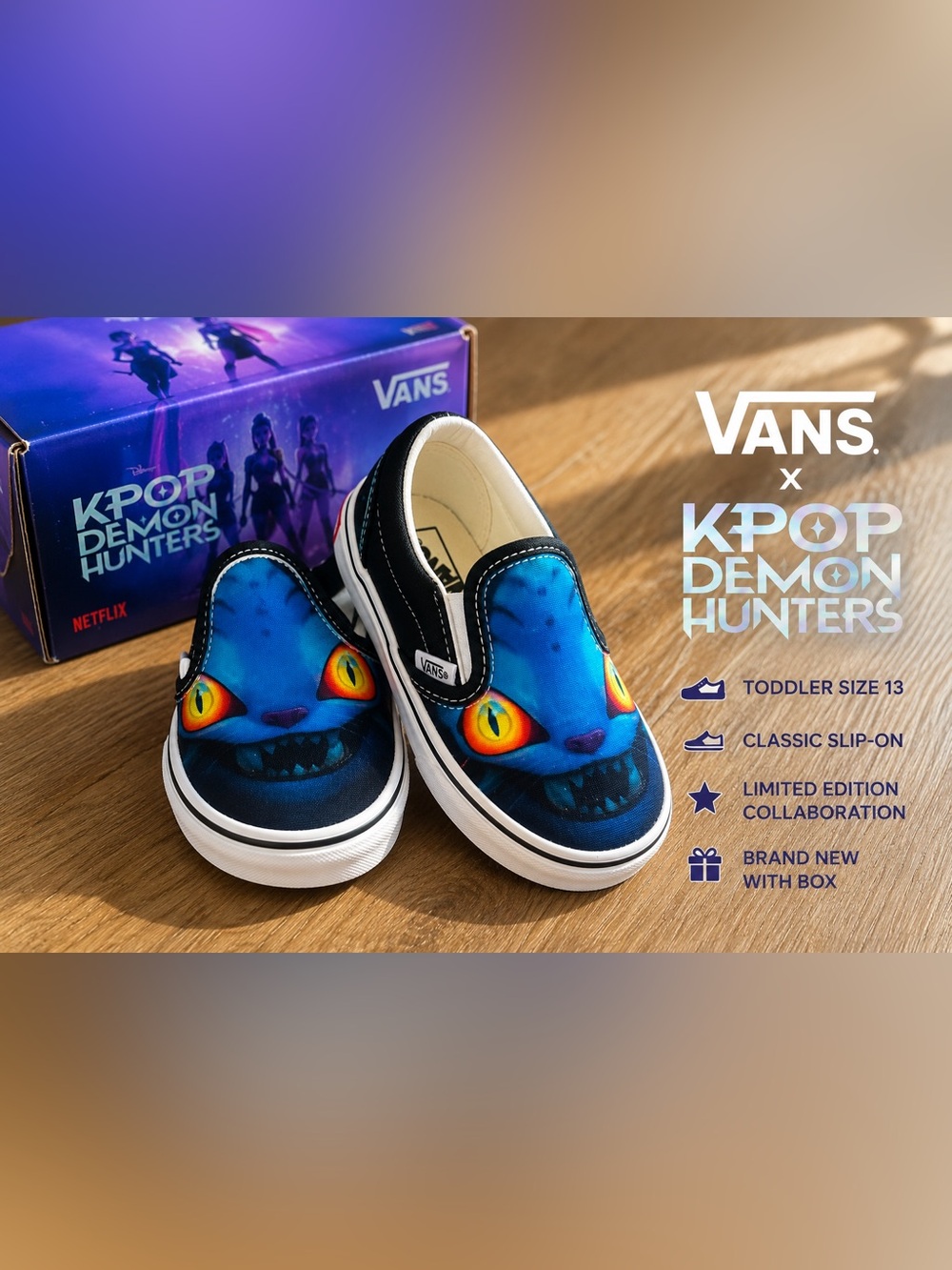 Vans x KPop Demon Hunters Blue Cat Derpy Slip-On Sneakers Kids Size 13 Netflix